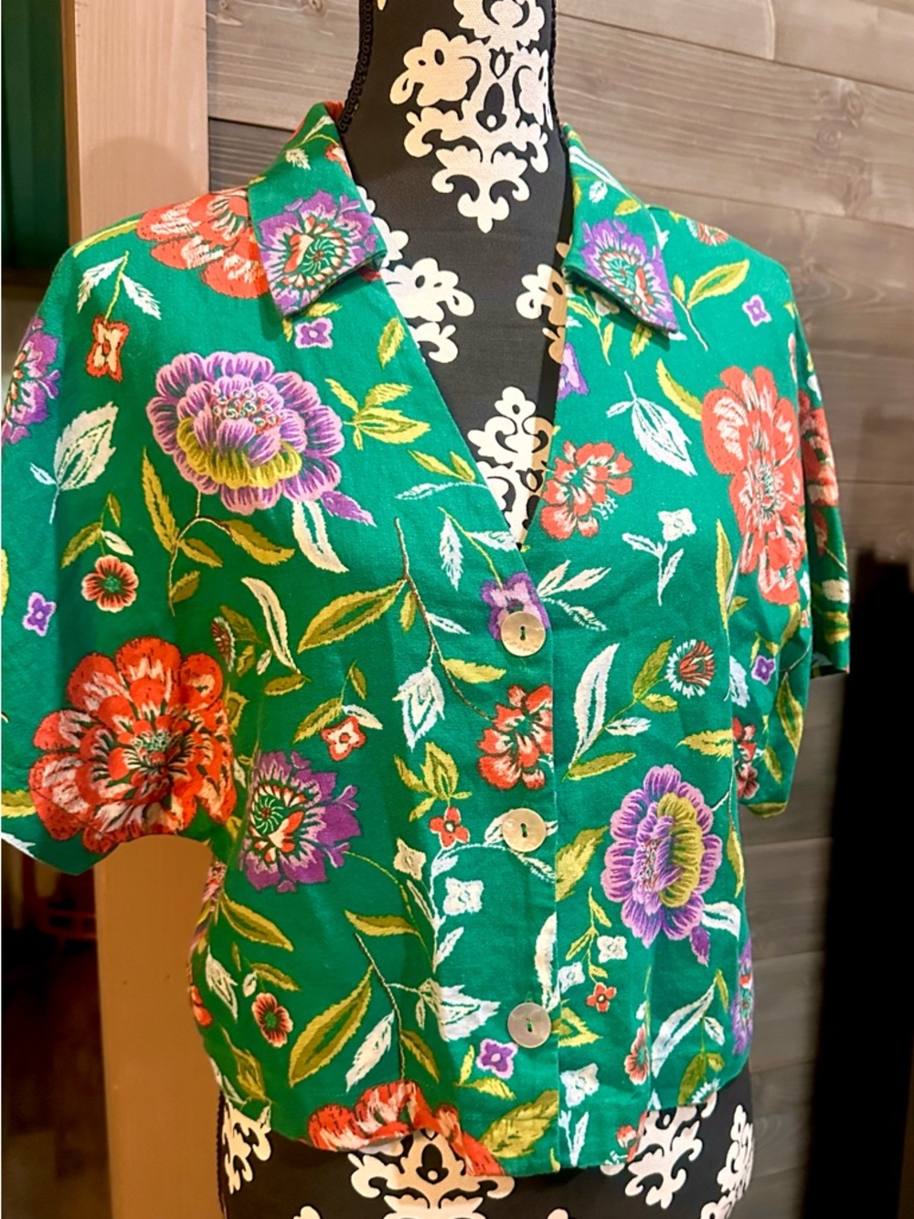 Marc New York Floral Green Linen Top